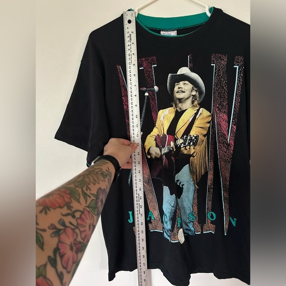 VINTAGE Alan Jackson Shirt L On Tour Concert Black Turquoise Trim 1994 - Picture 2 of 8